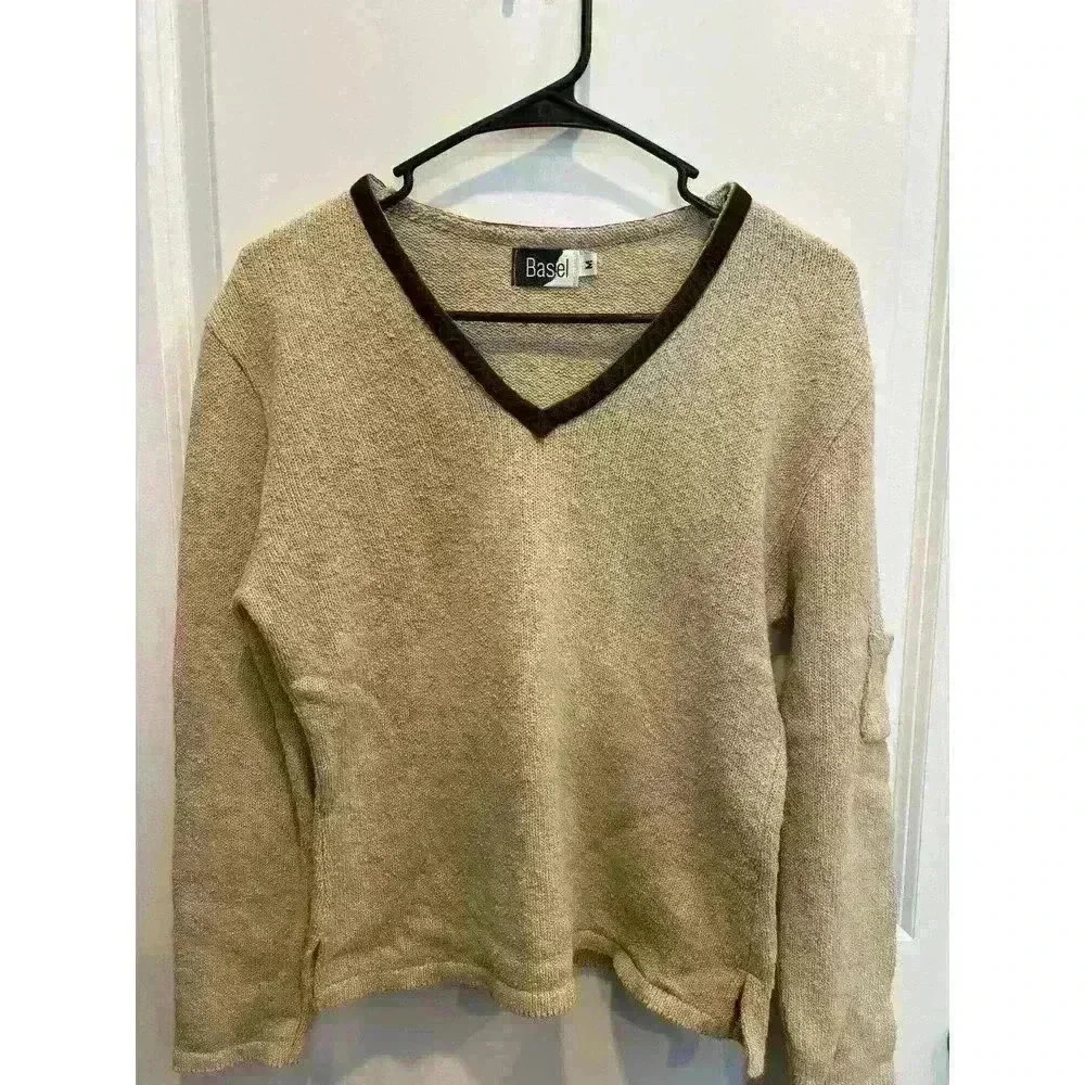 Vintage Basel Womens V-Neck Pullover Sweater Brown and Tan | Y2K Size Medium